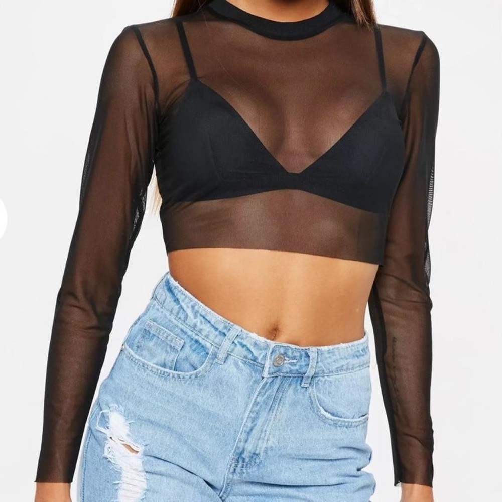 Missguided Black Mesh Long Sleeve Crop Top